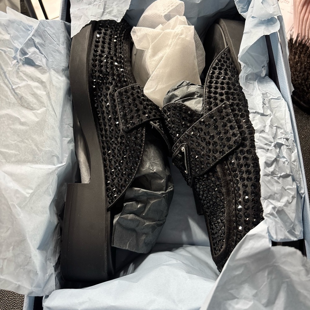 Prada Black Crystal Embellished Loafers